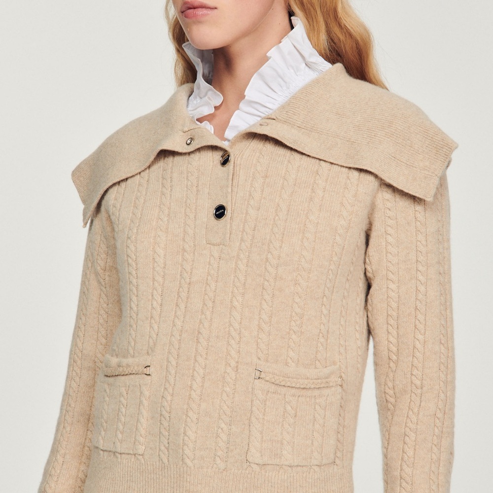 Sandro Paris Gotham Oversized Collar Beige Wool Cable Knit Sweater Size 0 ( XS)